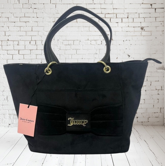 Juicy Couture Black Velvet Handbag Pretty Bow Tote Shoulder Bag NWT - Picture 1 of 10